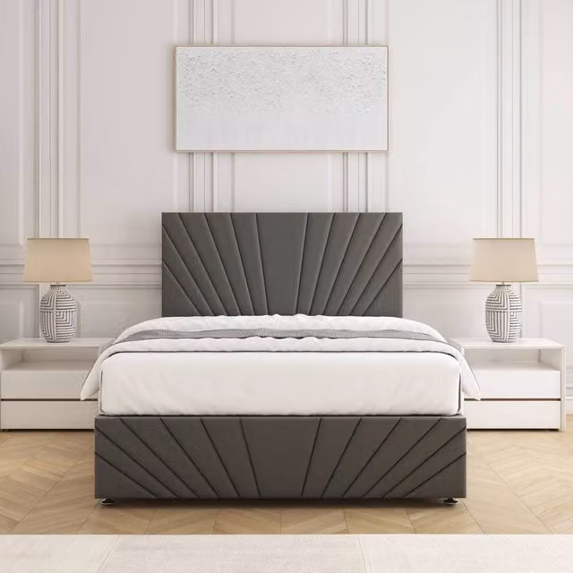 BSSPOKE Rose Super King Divan Bed with 24 inch Plush Headboard, Footboard and Mattress in Grey Velvet Fabric, W/D/H: 200 x 200 cm