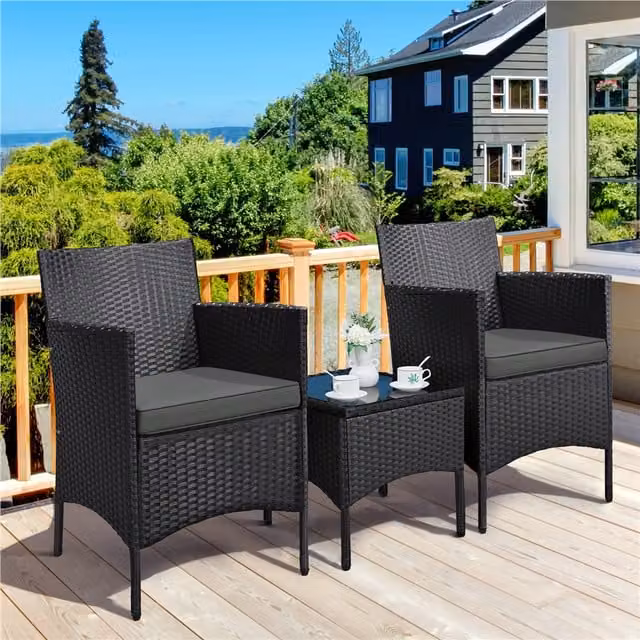 Yaheetech 3-Piece Modern Grey Rattan and Steel Table and Chair Furniture Set