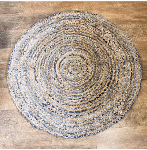 KDMD Handmade Round Jute and Cotton Rug in Blue Multicolour, Diameter: 120 cm