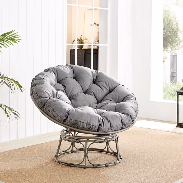 FurnitureboxUK Black PE Resin Rattan Outdoor Moon Chair with 10.5cm Thick Grey Cushion – 1