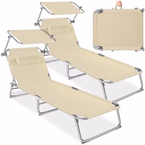tectake Set of 2 Folding Sun Loungers in Beige with Sunshade, 4-Position Backrest and Head Cushions, H x W x D: 111 x 68 x 190 cm