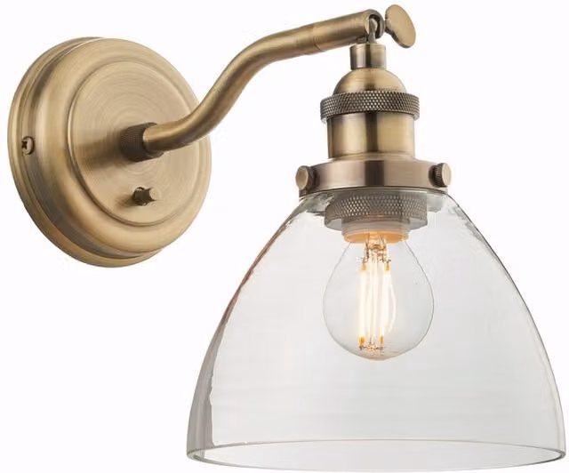 Endon Hansen 1 Light Wall Lamp with Clear Glass Dome and Antique Brass Plate, E14
