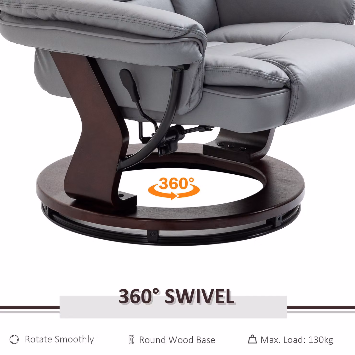 HOMCOM Grey Recliner Armchair with Footstool, 360 Degree Swivel and 135 Degree Recline, 130kg Capacity – 5