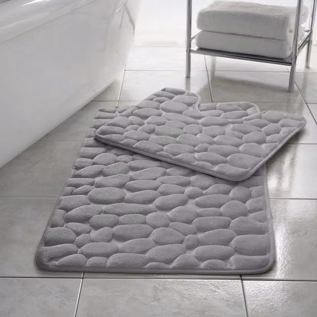 HomeSpace Direct Non-Slip Memory Foam Pebbles Bath Mat Set, 2 Piece, Silver