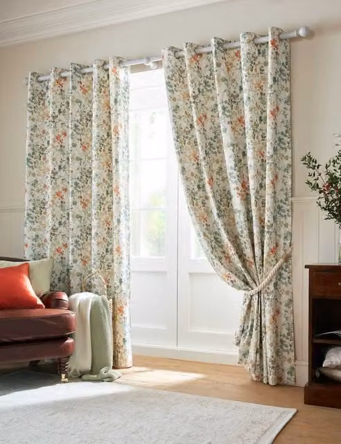 Laura Ashley Old Castle Leaves Eyelet Curtains, Green Multicolour, Cotton Rich Thermal Insulating Opaque Fabric