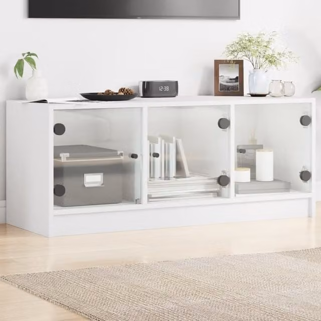Berkfield Home Classic TV Cabinet with Glass Doors in White, W/D/H: 102 x 37 x 42 cm