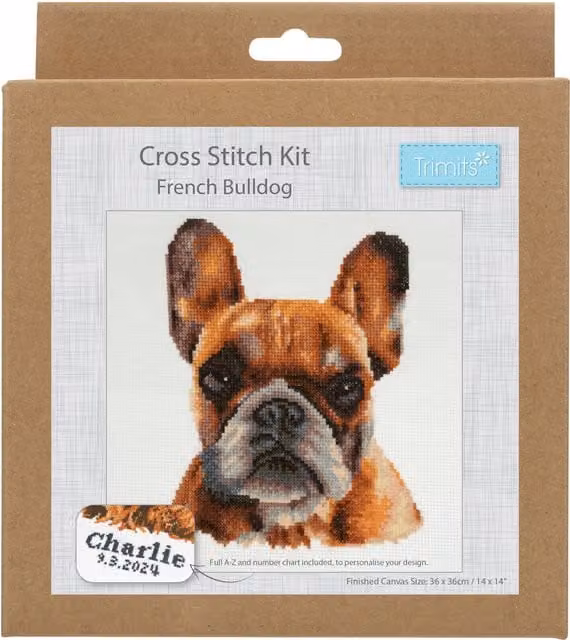 Trimits Large French Bulldog Cross Stitch Kit in White, Brown and Multicolour Cotton