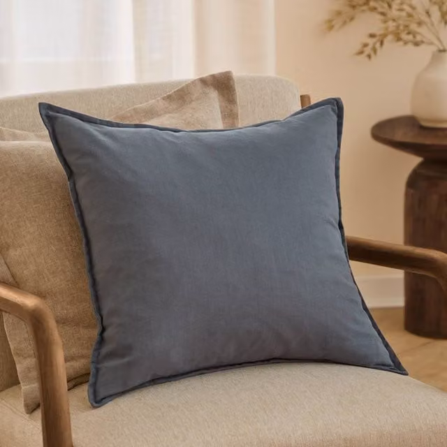 Yard Blue Slub Cotton and Polyester Square Cushion, W/D/H: 50 x 50 x 50 cm