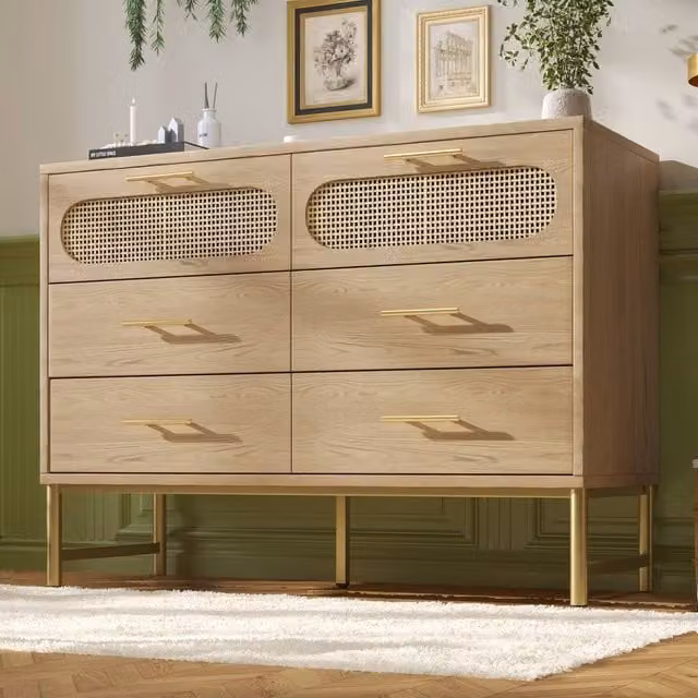 Merax Oak Rattan Chest of Drawers with Six Drawers in Natural Beige