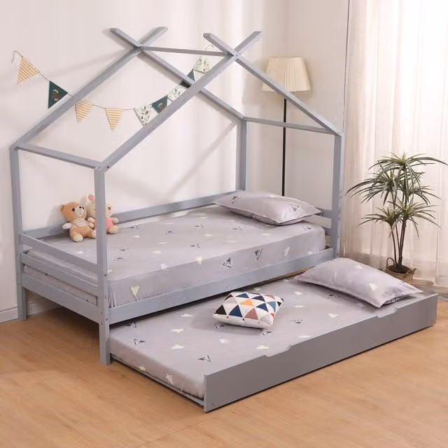 SlumberWorx Teddy Kids Wooden House Single Bed Frame with Guest Trundle and Mattresses in Grey and White