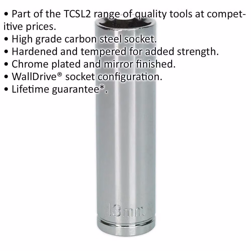 Loops 13mm Chrome Plated Deep Drive Socket 3/8 inch Square Drive High Grade Carbon Steel in Silver – 2
