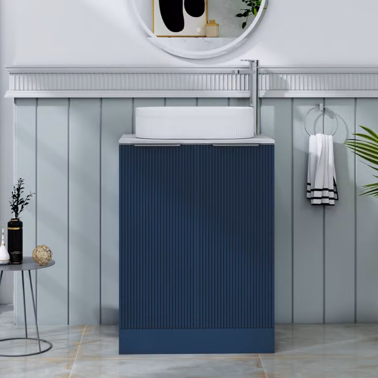 Royal Bathrooms Evora 600mm Midnight Blue Fluted Floor Standing 2 Door Vanity Unit with Lyon Stone Basin