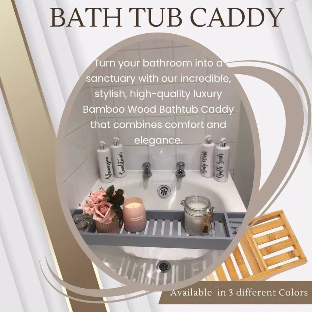 Almineez Luxury Bamboo Wood Bath Tub Caddy Tray, Water Resistant Bathroom Organiser in White – 3