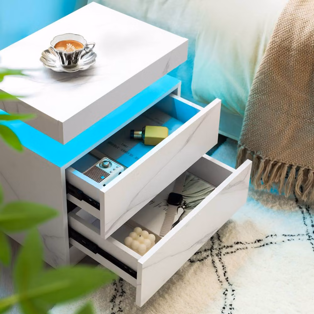Direct Wicker Modern White Rattan Bedside Cabinet with Integrated LED Lighting and Stone Pattern Decoration – 4