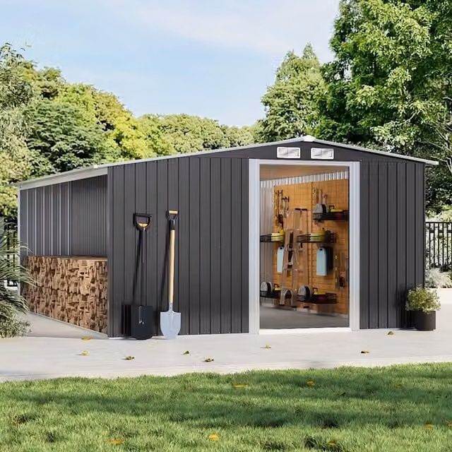 Breeins Metal Garden Shed with Log Store in Black