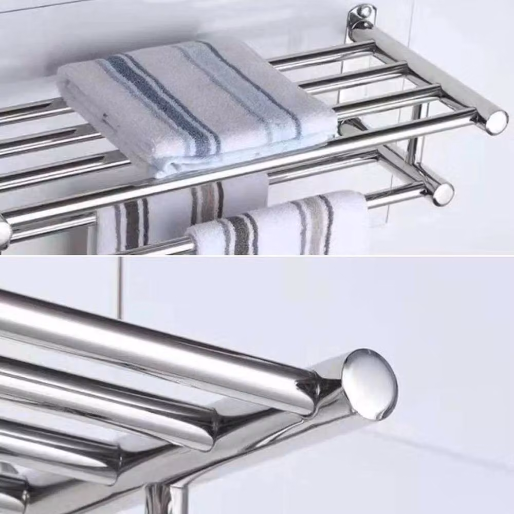 FORGEVIO Double Tier Wall Mounted Stainless Steel Towel Rail Holder in Silver, Width: 180 cm, Height: 180 cm – 2