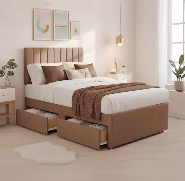 Bed Time UK Luxe Divan Bed with 20in Headboard, Memory Foam Hybrid Mattress and 2 Drawer Storage, Brown, W/D/H: 180 x 200 cm, King Size