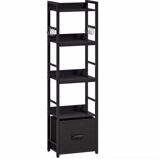 HOMCOM 4-Tier Narrow Black Metal and MDF Bookshelf with Drawer and 8 Hooks – 1