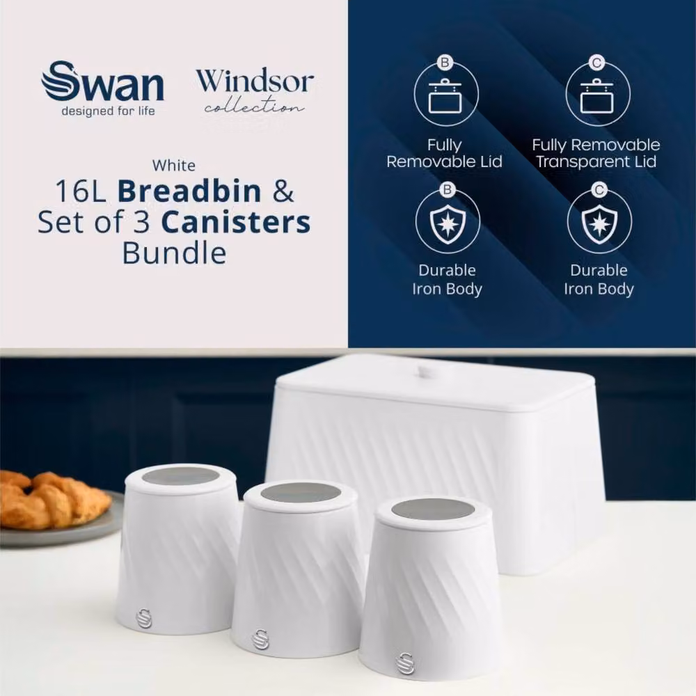 Swan Windsor Airtight Metal Bread Bin and Canisters in White and Transparent – 2