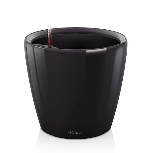 Lechuza Classico 35 LS Self Watering Plant Pot, Black High-Gloss Plastic Planter, D35 x H33 cm