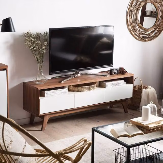 Wyld and Coco Modern Lacquered TV Stand and Console with 3 Drawers in Dark Brown and White – 1