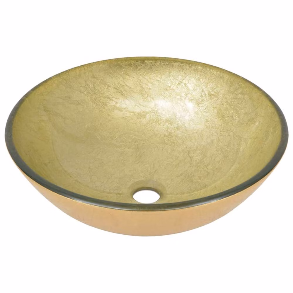 Berkfield Home Gold Round Tempered Glass Countertop Bathroom Sink with Tap and Push Drain – 3