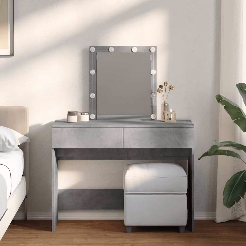 Berkfield Home Beautiful Modern Dressing Table with Hollywood LED Mirror in Concrete Grey, W/D/H: 100 x 40 x 130 cm – 2