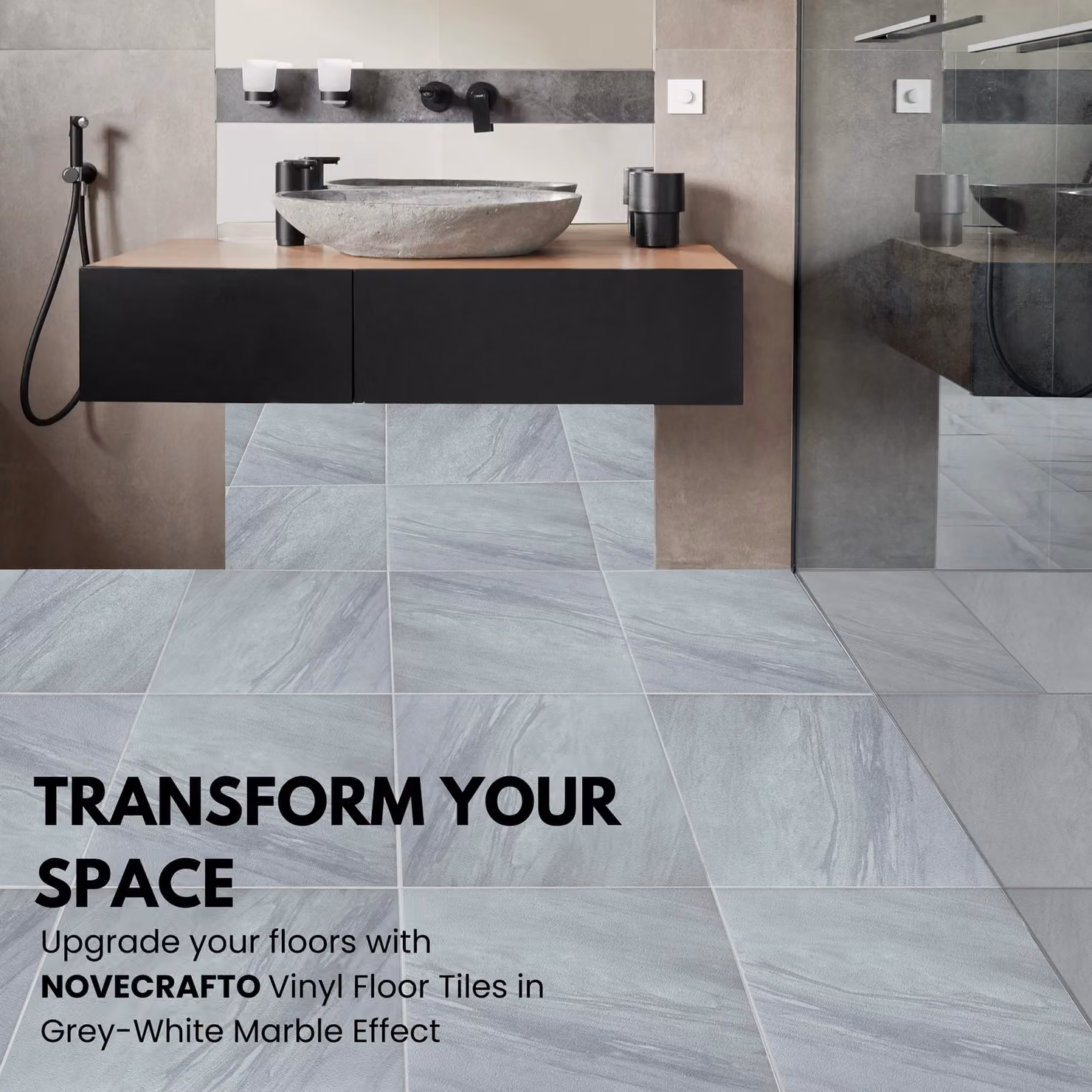 Novecrafto Self Adhesive Square Vinyl Floor Tiles, Grey and White Marble Stone Look, 34 Pack, W/D: 45.72 x 45.72 cm – 3