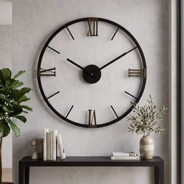 Garden Greatness Urban Kent Roman Wall Clock in Black, Round Metal Quartz Analog Clock