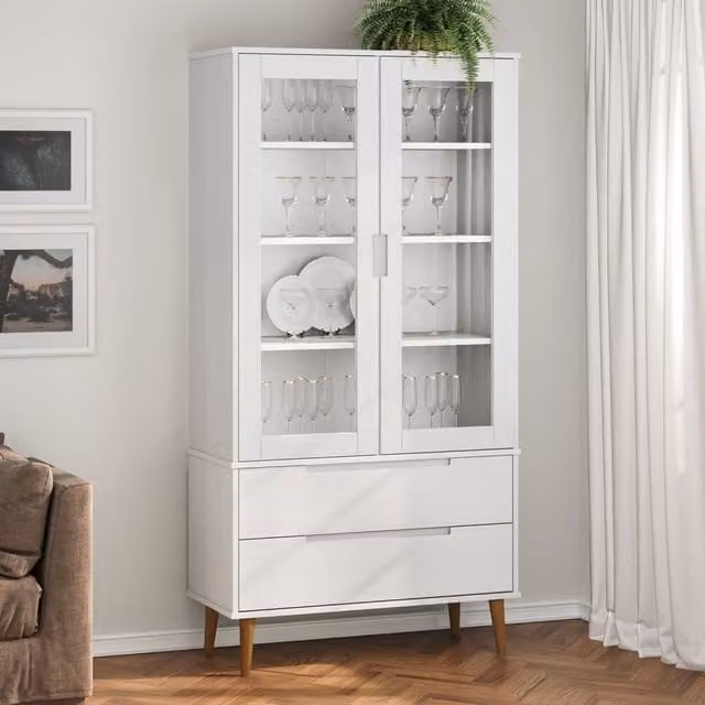 Berkfield Home MOLDE Vitrine Cabinet in White Solid Wood Pine with Glass Doors, W/D/H: 90 x 35 x 175 cm – 1