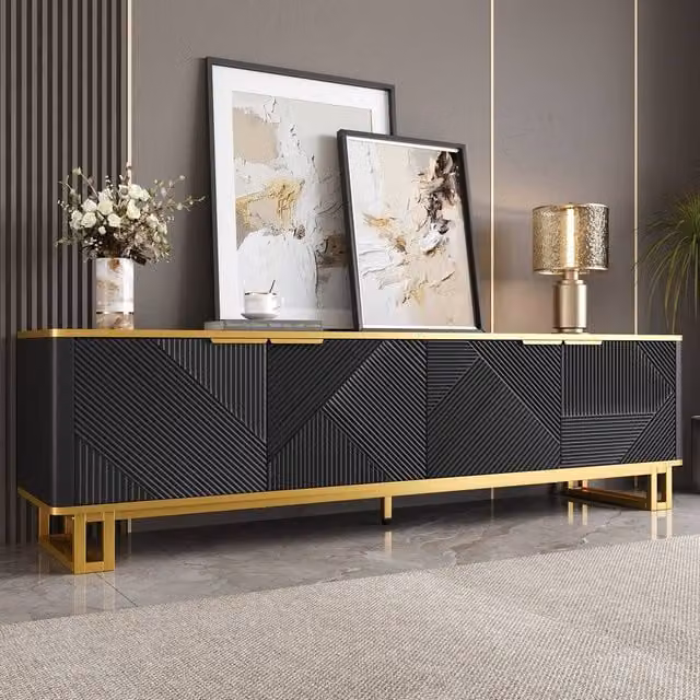 Merax Modern Black TV Stand with 4 Doors and Metal Base, W: 160 cm, D: 48 cm, H: 48 cm