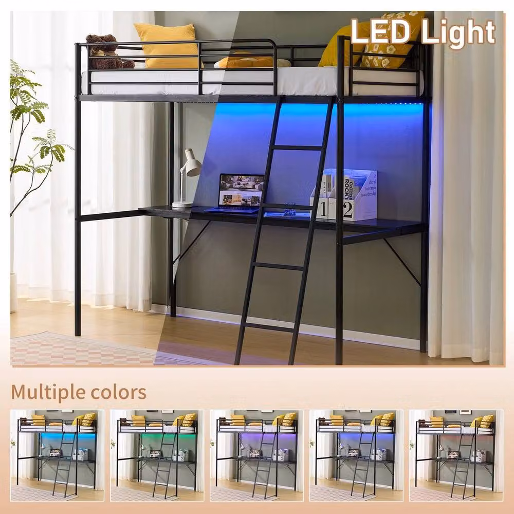 KORVIXA Metal Single Loft Bed Frame with Desk and Under-Bed Lighting in Black, Size: 90 x 190 cm – 3