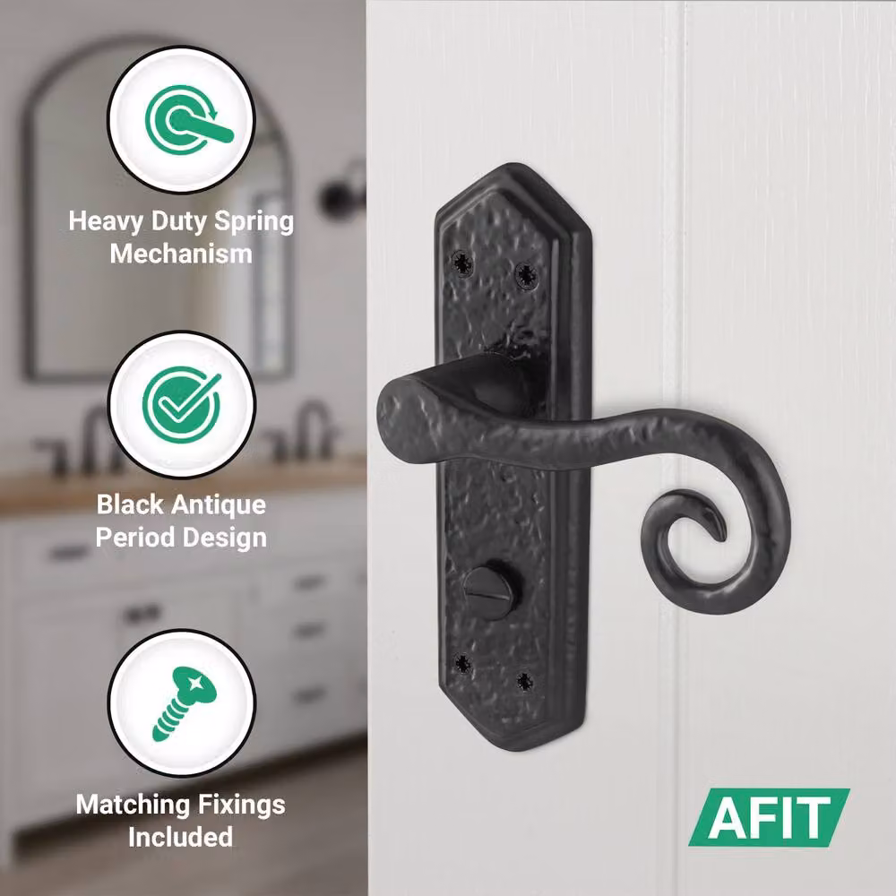 AFIT Black Antique Cast Iron Curly Tail Bathroom Door Handles and Lock, W/D/H: 15 x 15 x 2 cm – 3
