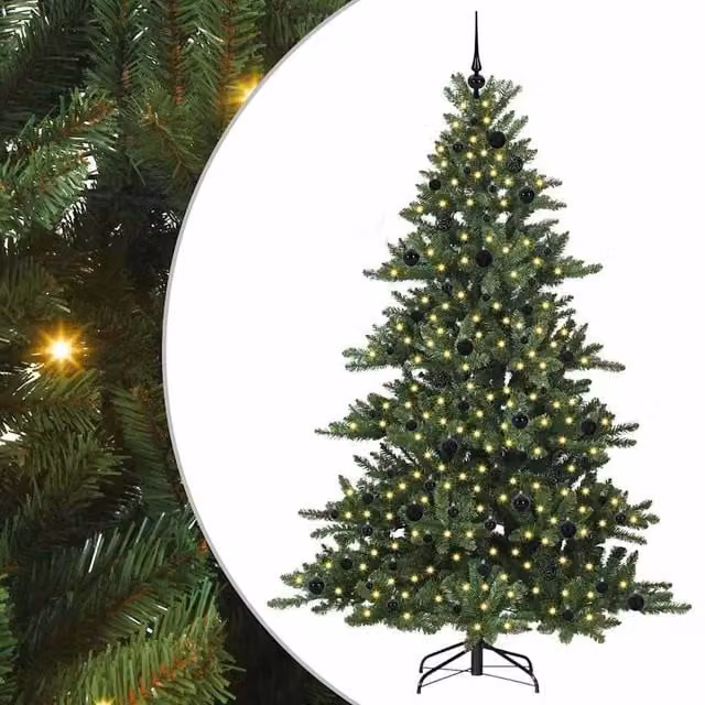 Berkfield Home Artificial Green Hinged Christmas Tree with 300 Warm White LEDs, Height: 210 cm – 1