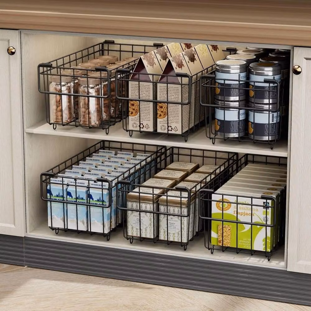 VOGREX 6-Piece Stackable Wire Chest Freezer Storage Baskets with Foldable Handles in Black and Multicolour – 3