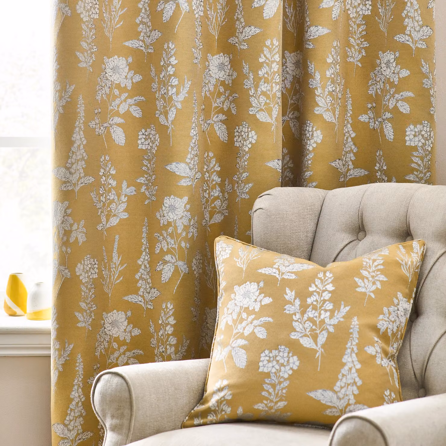 Wylder Nature Sophia Floral Jacquard Room Darkening Eyelet Curtains in Gold, Width: 168 cm, Drop: 137 cm – 2