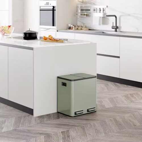 VonHaus 30L Stainless Steel Double Recycling Kitchen Bin with Pedal and Removable Inner Buckets in Green – 2