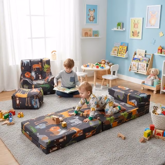 Ready Steady Bed Kids Sofa Bed, Bean Bag Chair and Footstool Set in Multicolour Animal Print