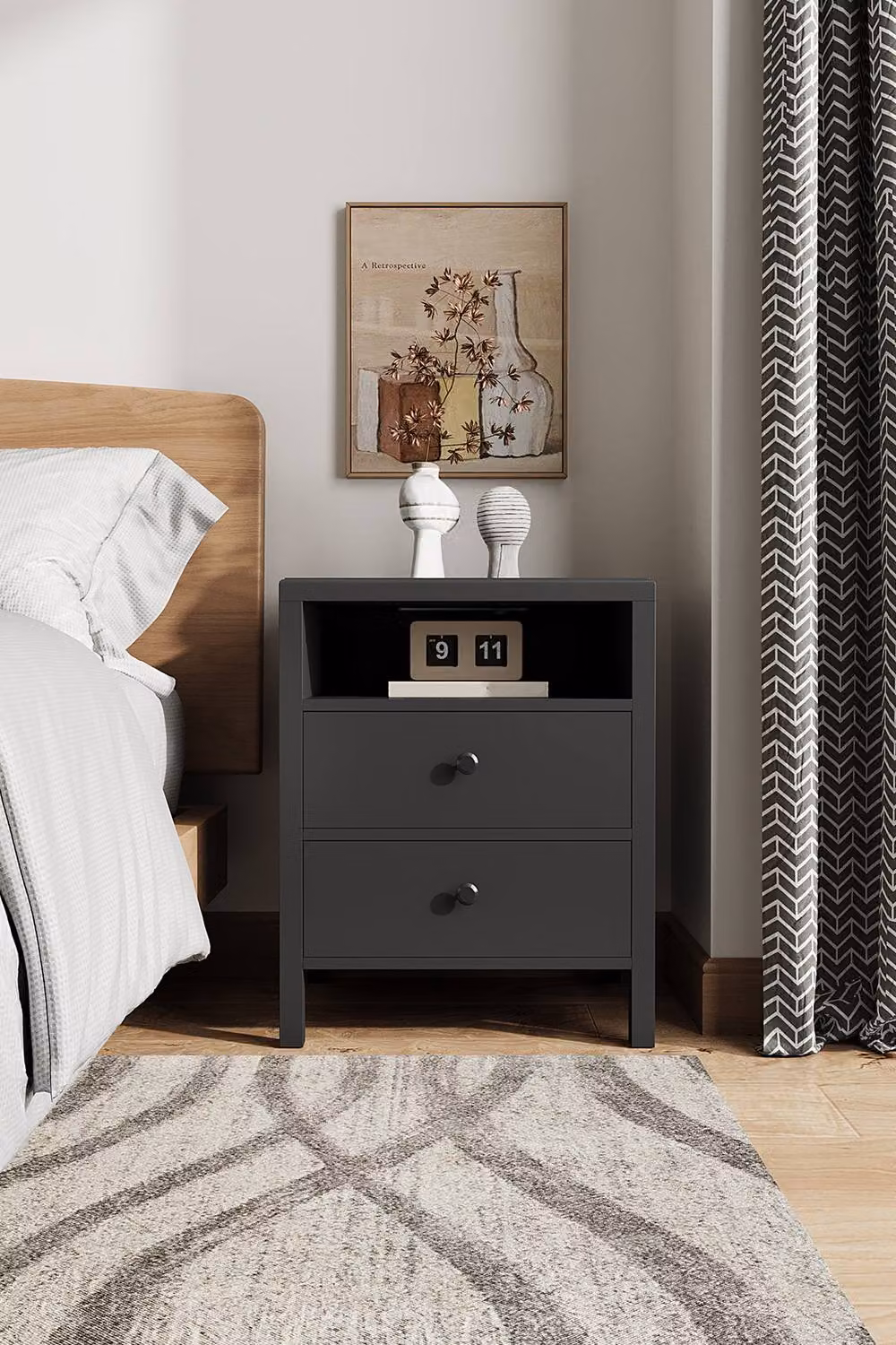 Living and Home Set of 2 Black Modern Bedside Tables with Charging Station and Drawers – 4