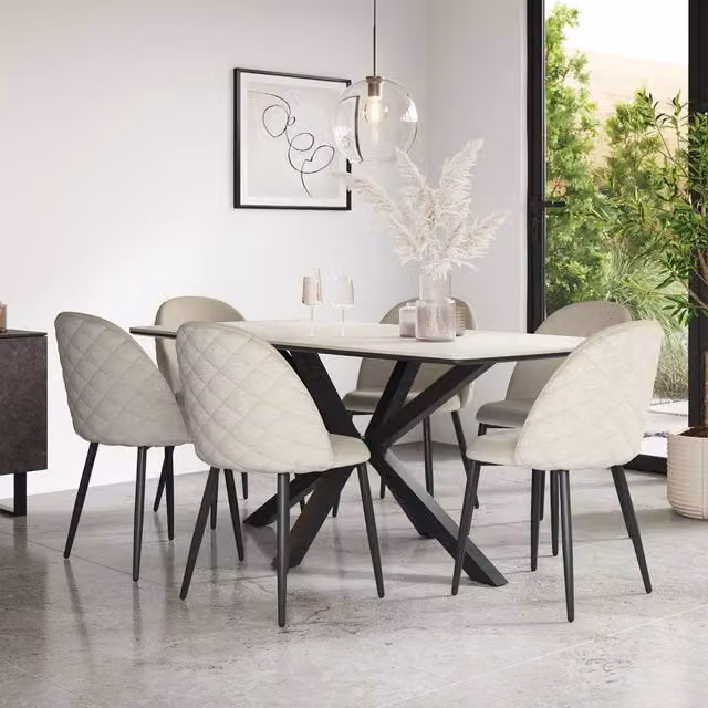 More4Homes Juno White Marble Ceramic Rectangular Dining Table and 6 Raye Beige Velvet Chairs W/D/H: 180 x 90 x 75 cm
