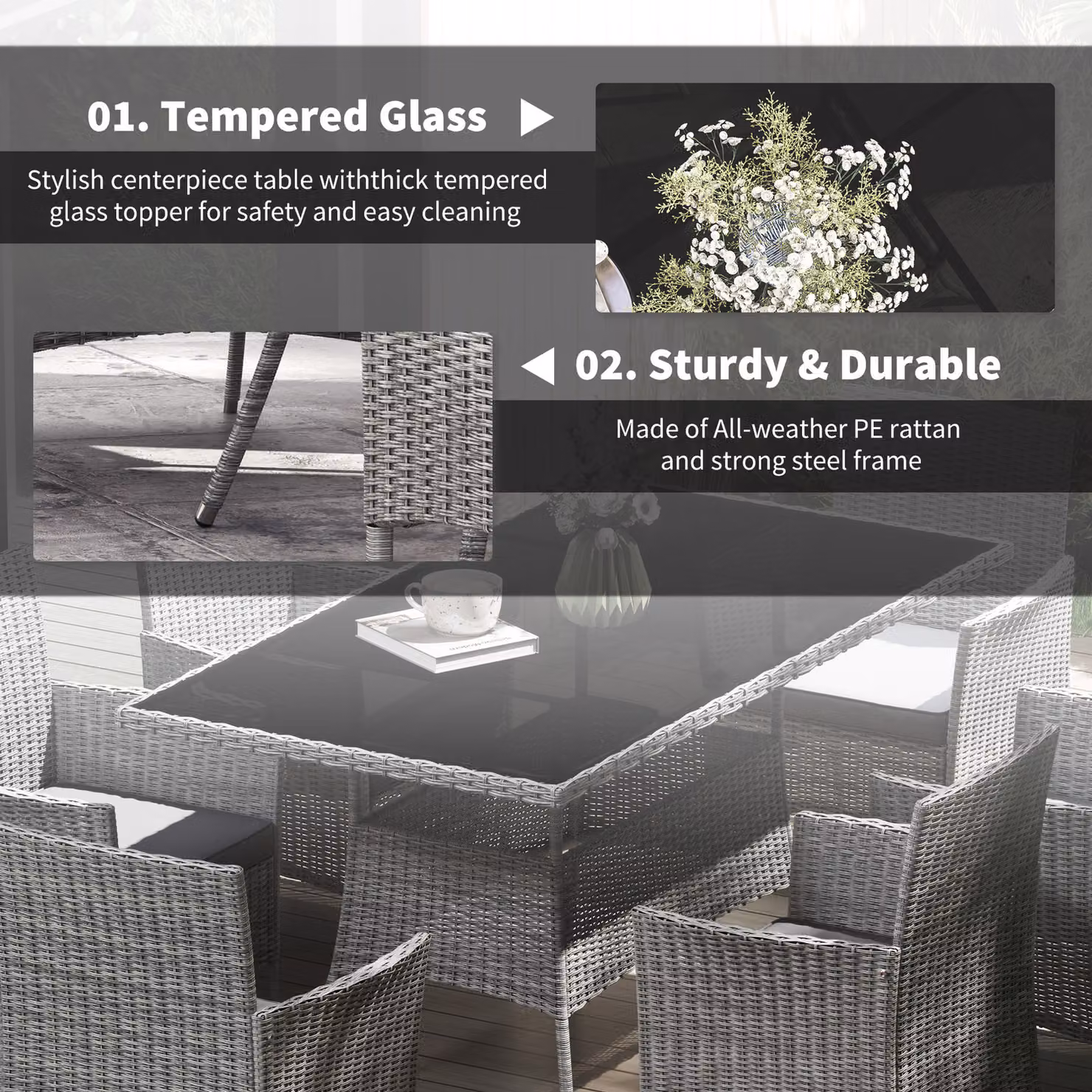 Outsunny 7-Piece Rattan Garden Furniture Set with Cushions, 6 Seater Glass Top Table and 6 Armchairs, Charcoal Grey – 5