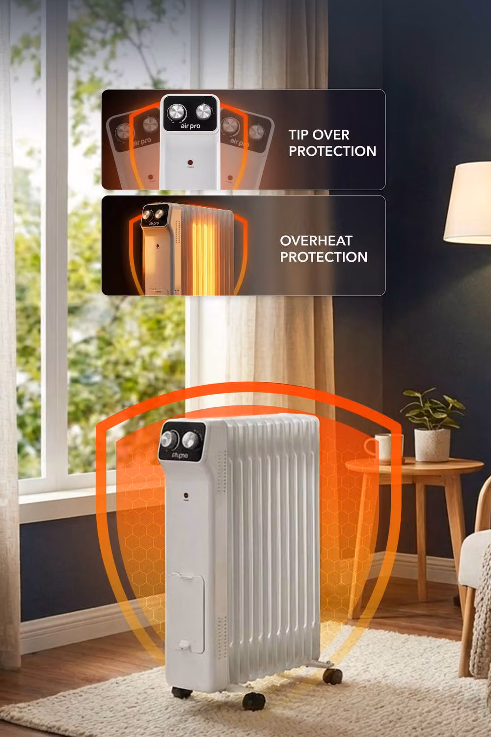 Air Pro White Oil-Filled Electric Radiator 2500W with Adjustable Thermostat and Overheat Protection, W/D/H: 63 x 49 x 30 cm – 9