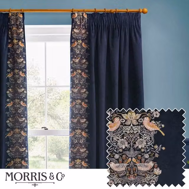 Morris & Co. Strawberry Thief Embroidered Velvet Pencil Pleat Curtains, Indigo, Width: 117 cm, Drop: 137 cm