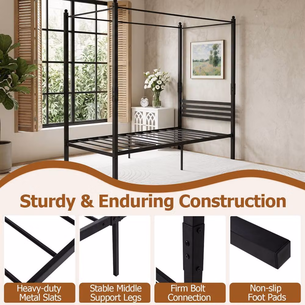Costway Single Size Metal Canopy Bed Frame with Headboard in Black, W/D/H: 140 x 200 cm – 7