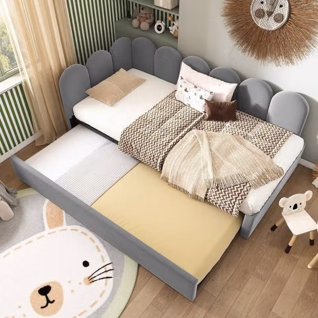 Merax Grey Upholstered L-Form Single Daybed with Pull Out Guest Bed, W/D/H: 190 x 90 x 76 cm