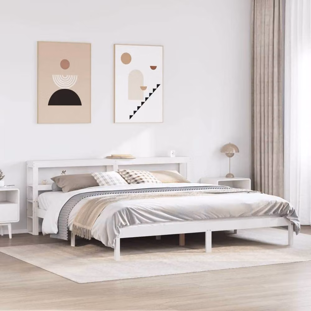 Berkfield Home White Rustic Solid Wood Pine Bed Frame with Side Compartments 200 x 200 cm – 1