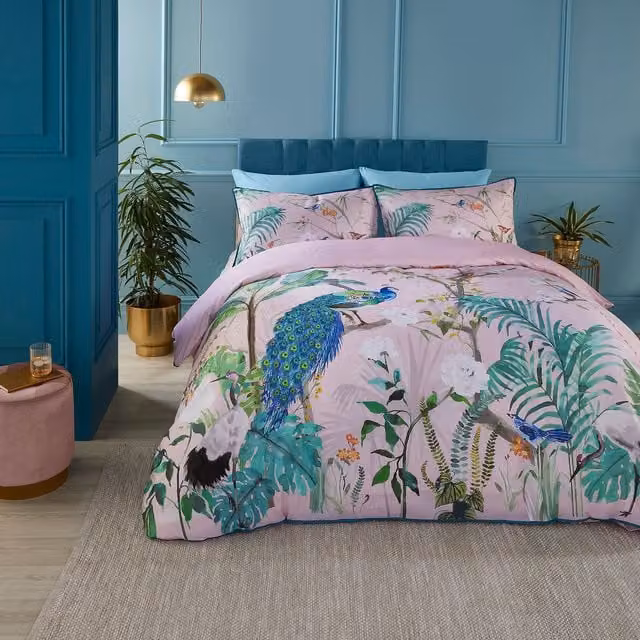 Soiree Peacock Jungle Pink Cotton Sateen Duvet Cover Set, 140 x 200 cm