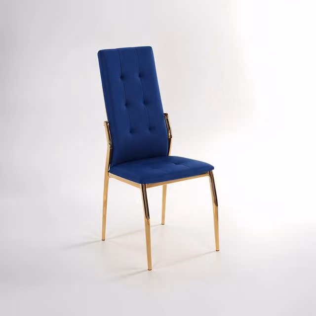 Interiors by Premier Blue Velvet High Back Dining Chair with Gold Metal and Wood Accents