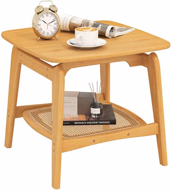 Gymax Boho Bamboo Coffee Table with Faux Rattan Shelf in Natural Brown