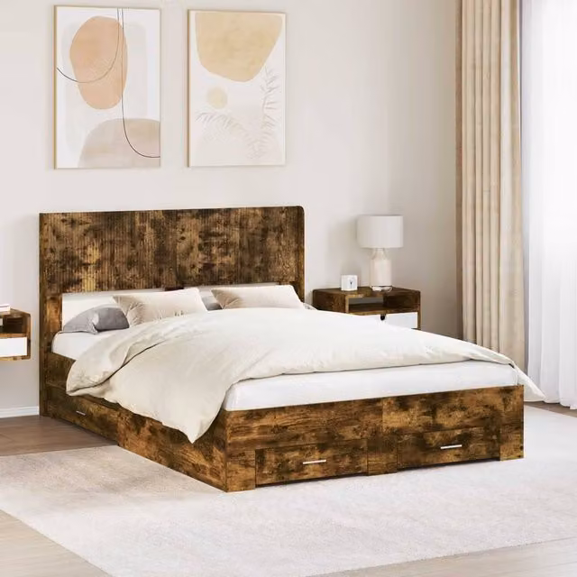 Berkfield Home Modern Bed Frame with Headboard and Side Compartment Storage in Smoked Oak Brown, W/D/H: 120 x 200 cm – 1